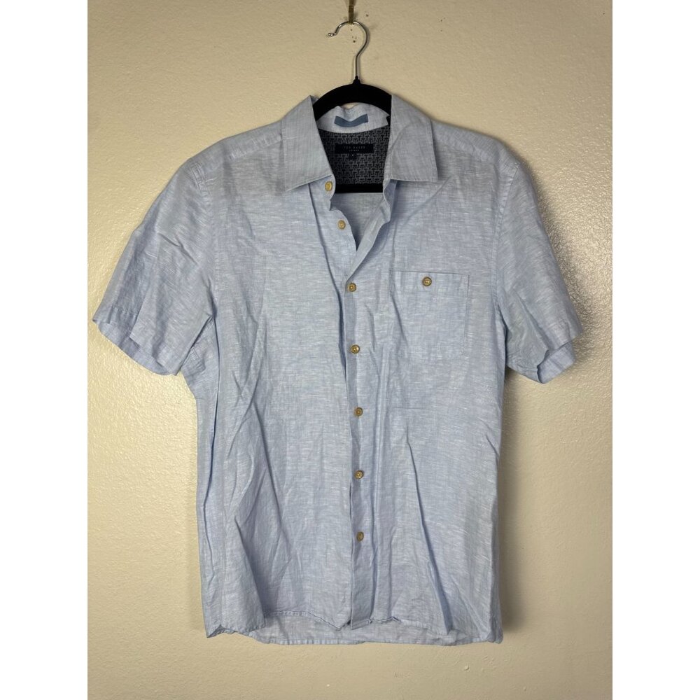 Ted Baker London Linen Cotton Men Blue Short Sleeve Button Up Shirt Size 4 Large